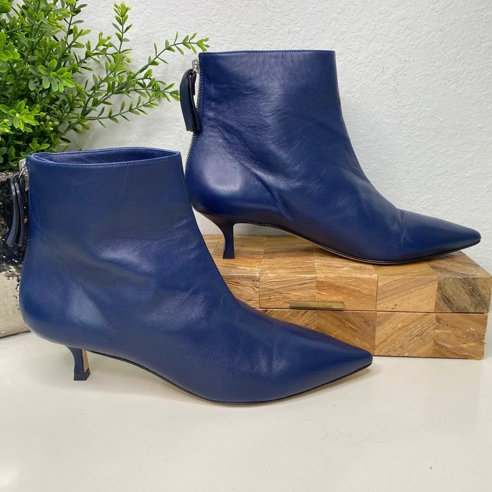 Stuart Weitzman Booties Royal Blue Leather Pointed Toe Kitten Heel Ankle Boots 9